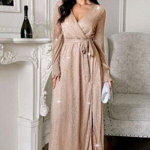Surplice Slit Tie Waist Maxi Dress | New Formal Sheath Dress w/ Long Sleeves